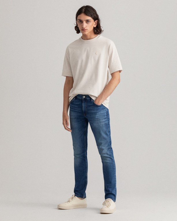 Blugi Slim Barbati Gant Maxen Extra Slim Fit Retro Shield Albastri | TQOUOeNE9UE