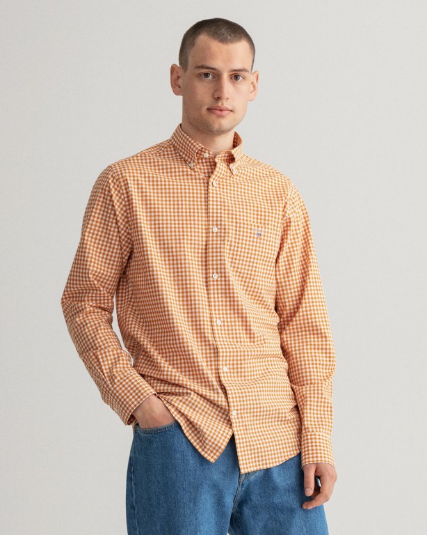 Camasa Barbati Gant Regular Fit Broadcloth Gingham Muștar Inchis Portocalii | 5ZxIJHk3Kjo