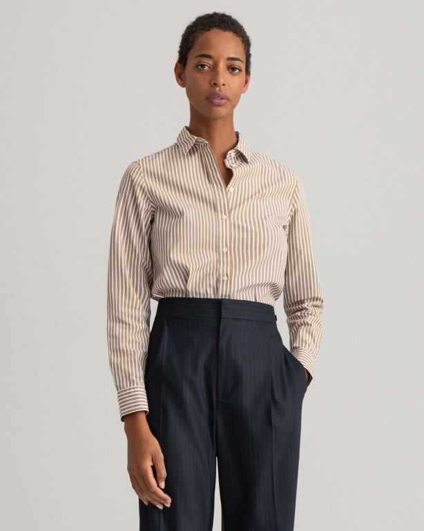 Camasa Dama Gant Regular Fit Broadcloth Striped Kaki | GVRpeDP2yjG