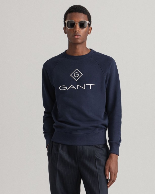 Hanorace Barbati Gant Logo Crew Neck Albastri | 1uggTrwXiBo