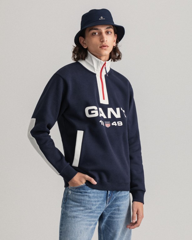 Hanorace Barbati Gant Retro Logo Half-Zip Albastri | aX4e2Yi5Ct5