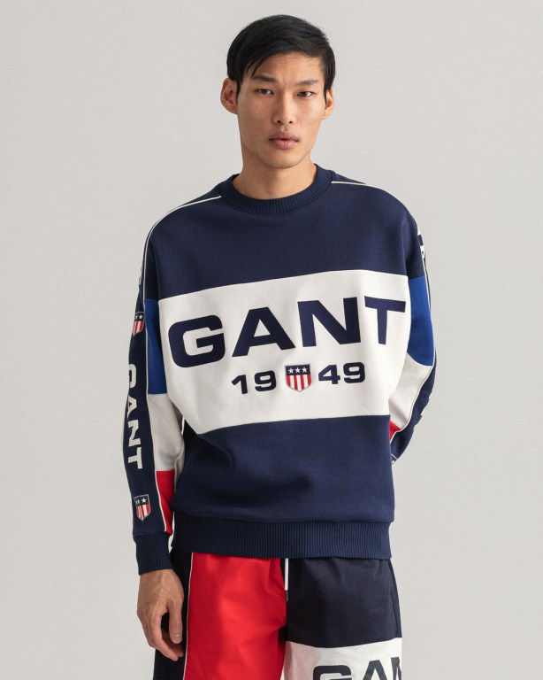 Hanorace Barbati Gant Retro Shield Colorblock Crew Neck Albastri | XBSVjoJY40t