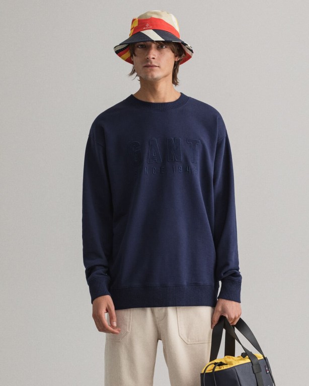 Hanorace Barbati Gant Tonal Logo Crew Neck Albastri | FSRh8aHvgtn