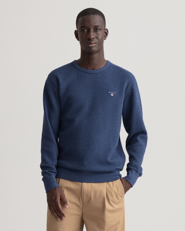 Hanorace Barbati Gant Waffle Crew Neck Albastri Inchis | GgL149Wro4x
