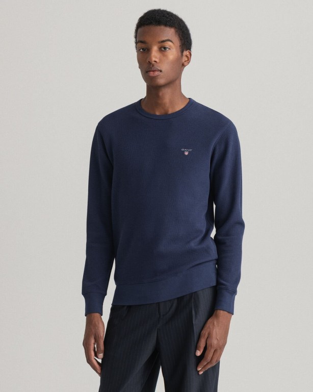 Hanorace Barbati Gant Waffle Crew Neck Albastri | QQ5YIgllV2K