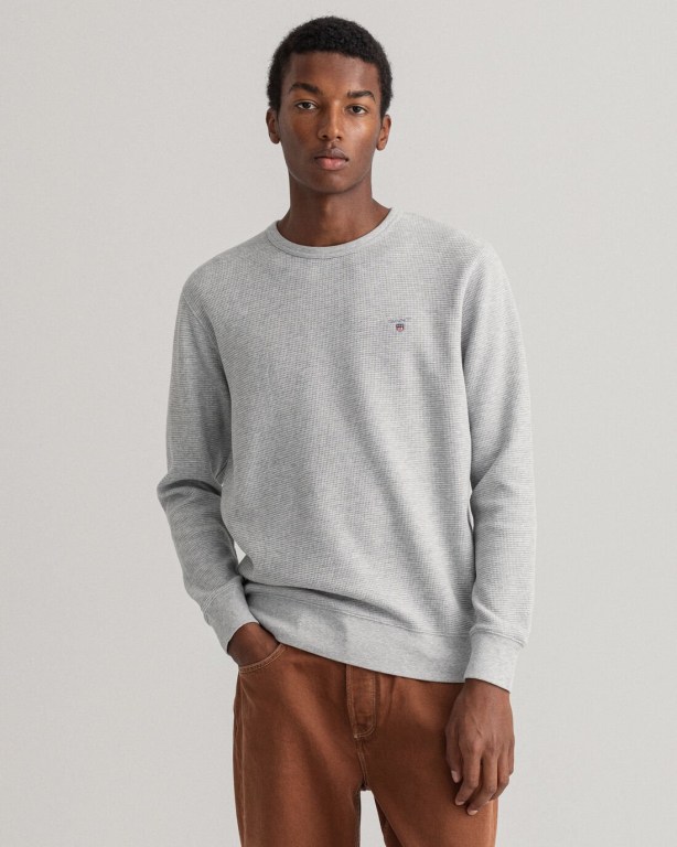 Hanorace Barbati Gant Waffle Crew Neck Gri Deschis | 9I3IvnxBLc8