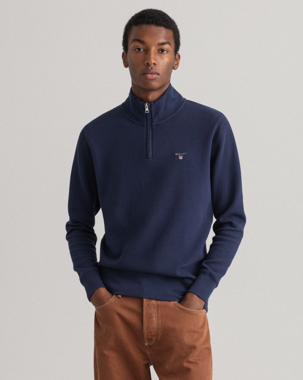 Hanorace Barbati Gant Waffle Half-Zip Albastri | D2VLlSx0Huk