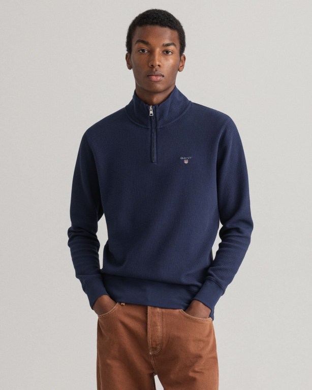 Hanorace Barbati Gant Waffle Half-Zip Albastri | K7JMcVAoKFZ