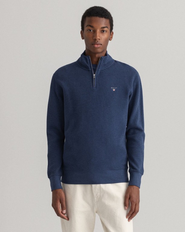 Hanorace Barbati Gant Waffle Half-Zip Albastri Inchis | bx0ADDuWUIj