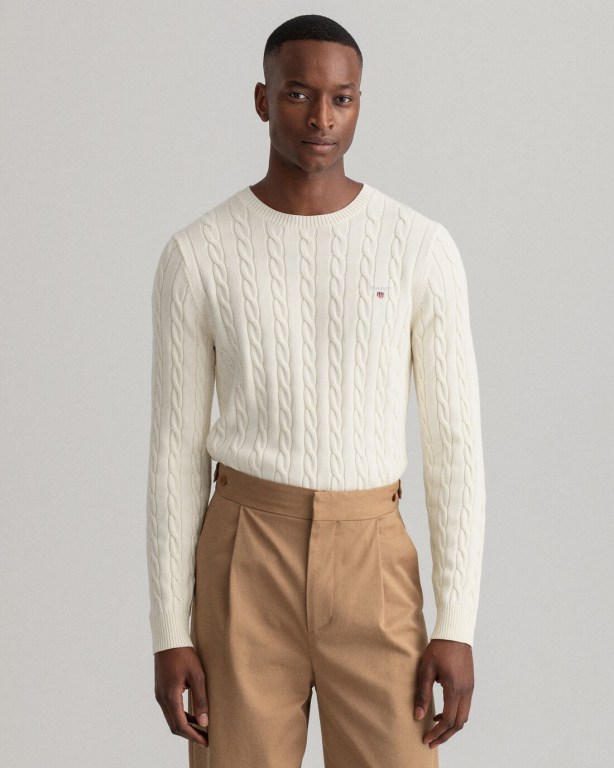 Jumpers Barbati Gant Bumbac Cable Crew Neck Albi | DjJfPmEpr1v