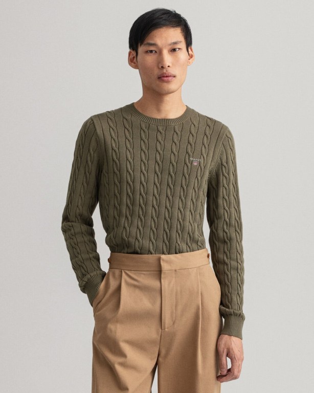 Jumpers Barbati Gant Bumbac Cable Crew Neck Verzi | Ky8pwRI2QF5