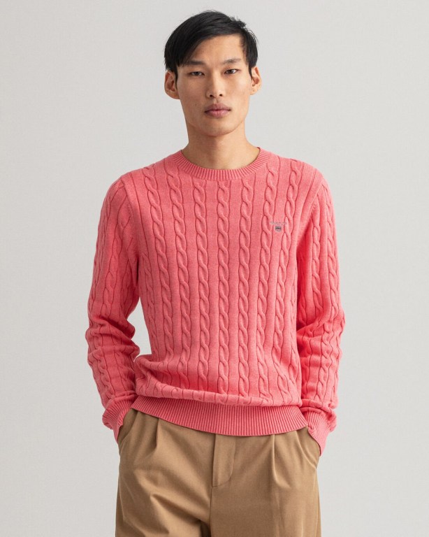 Jumpers Barbati Gant Bumbac Cable Crew Neck Roz | TswpeITps4k