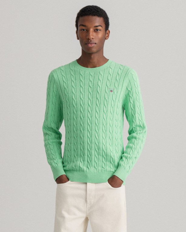 Jumpers Barbati Gant Bumbac Cable Crew Neck Verde Menta | fmMfqztNPTp