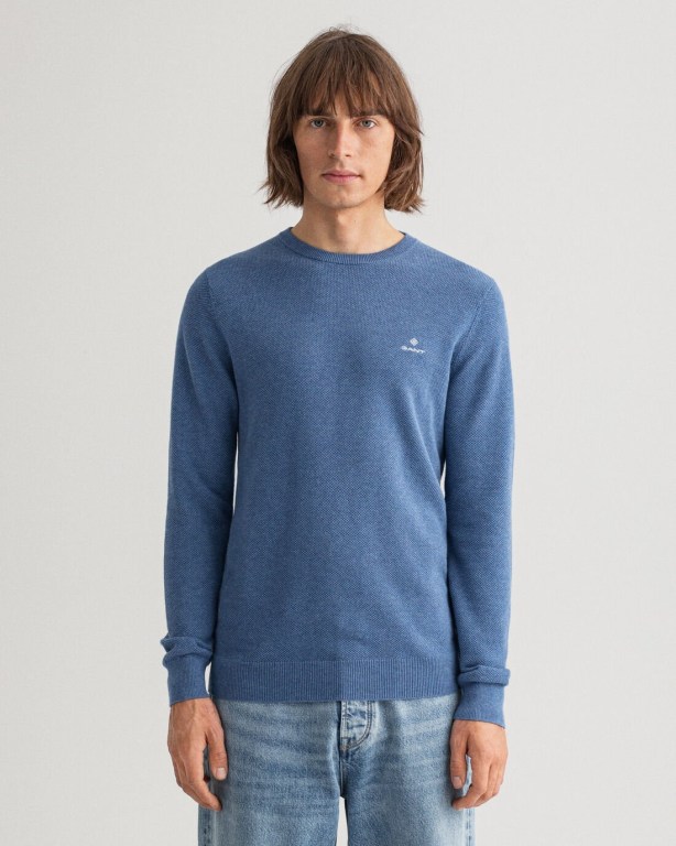 Jumpers Barbati Gant Bumbac Piqué Crew Neck Albastri | 6p5zYn2ZIwg
