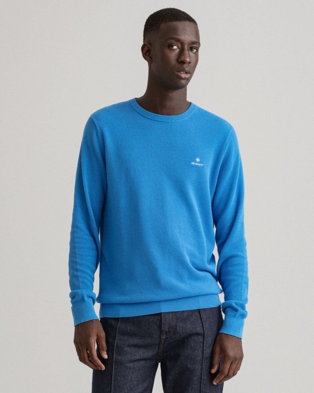 Jumpers Barbati Gant Bumbac Piqué Crew Neck Albastri | DTeitidc0Jc