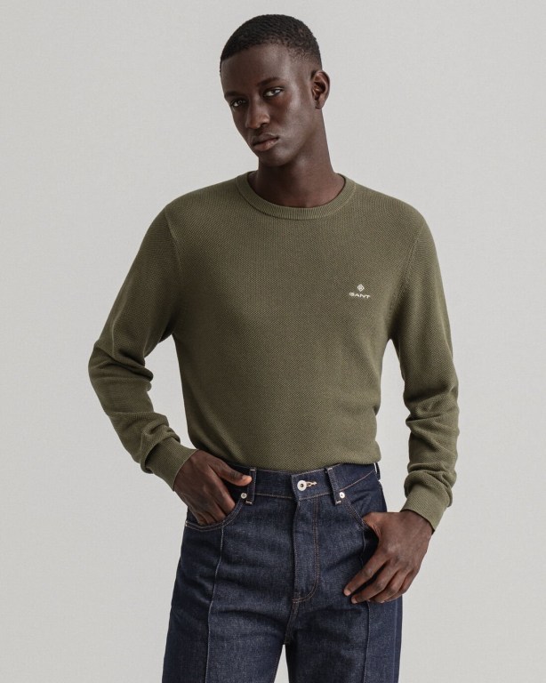 Jumpers Barbati Gant Bumbac Piqué Crew Neck Verzi | GwjUMPnpzih