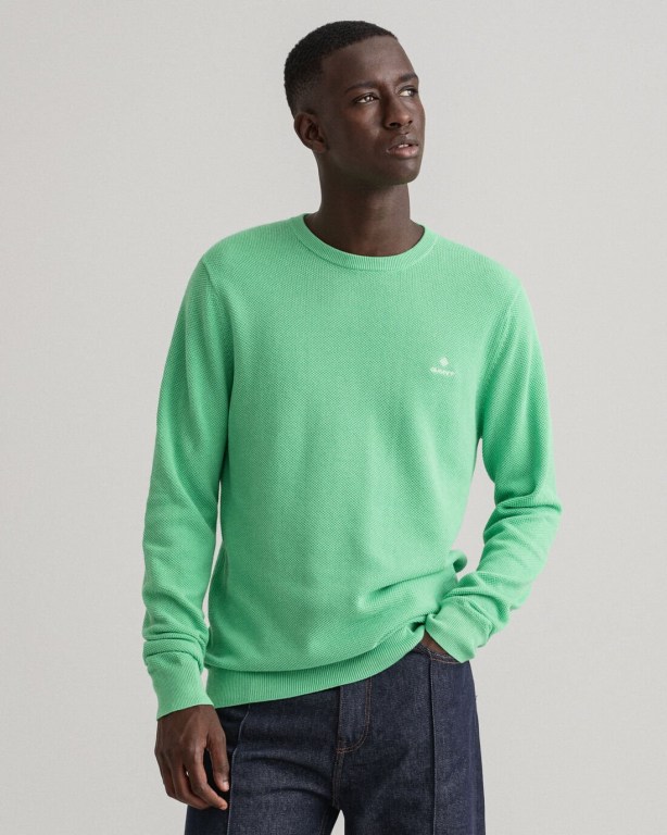 Jumpers Barbati Gant Bumbac Piqué Crew Neck Verzi | OgVafjVil1z