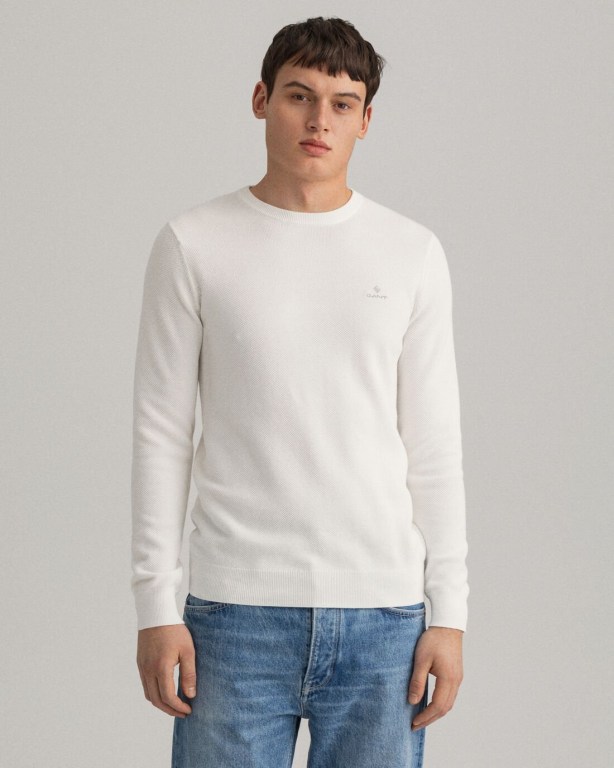 Jumpers Barbati Gant Bumbac Piqué Crew Neck Albi | lJxplLeTV5g
