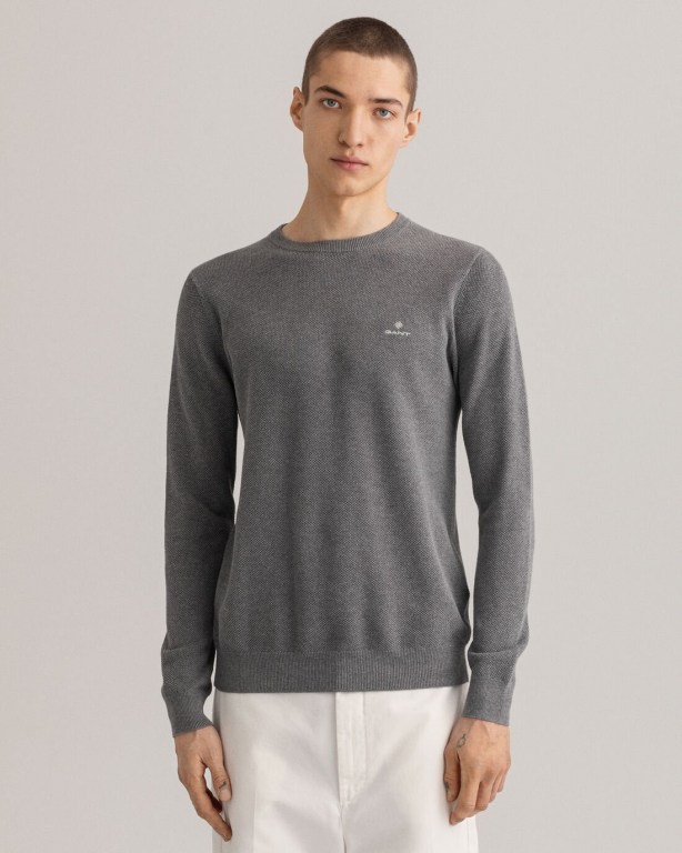 Jumpers Barbati Gant Bumbac Piqué Crew Neck Gri Inchis | pg7Y4QMPUYK