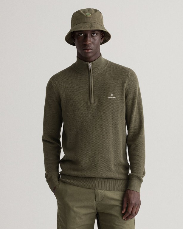 Jumpers Barbati Gant Bumbac Piqué Half-Zip Pulovere Verzi | 1DAK4FHsZq5