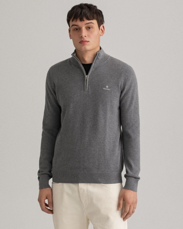 Jumpers Barbati Gant Bumbac Piqué Half-Zip Pulovere Gri Inchis | 4sZOfpjNe3u