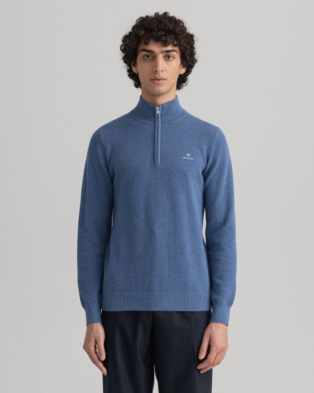 Jumpers Barbati Gant Bumbac Piqué Half-Zip Pulovere Albastri | CLN6foxrGZx