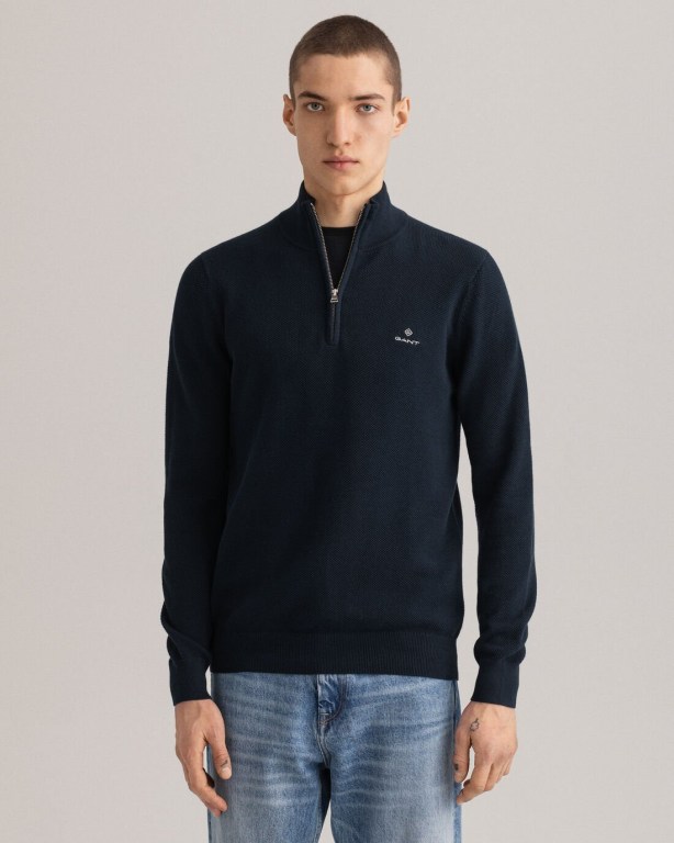Jumpers Barbati Gant Bumbac Piqué Half-Zip Pulovere Albastri | eEFaKT8rnmB