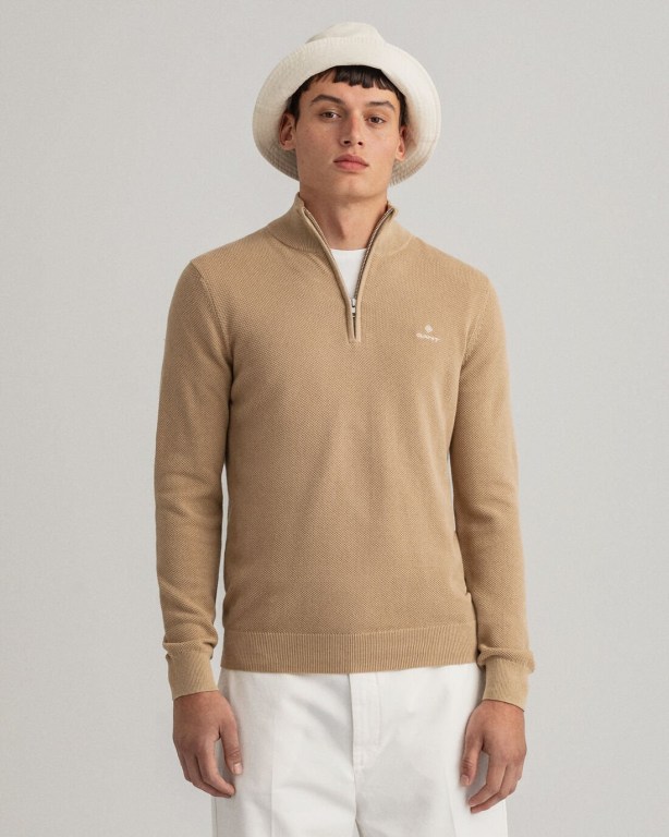 Jumpers Barbati Gant Bumbac Piqué Half-Zip Pulovere Kaki Inchis | kDQLPx11PmR