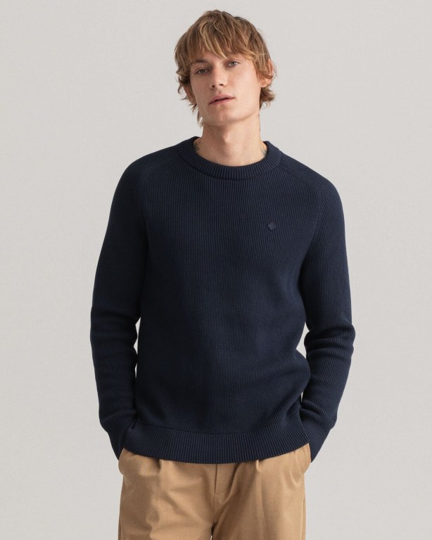 Jumpers Barbati Gant Bumbac Rib Crew Neck Albastri | 0bw1IIiYXx1