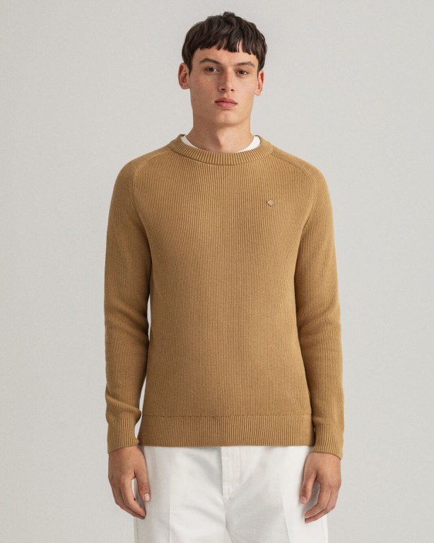 Jumpers Barbati Gant Bumbac Rib Crew Neck Bej | NRJoiYIBd7v