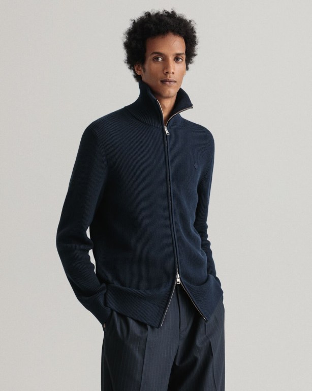 Jumpers Barbati Gant Bumbac Rib Full-Zip Albastri | OVkH8kTblGA
