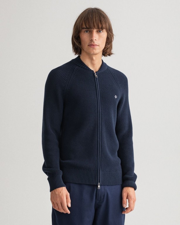 Jumpers Barbati Gant Bumbac Rib Full-Zip Albastri | UFcFIiACPoo