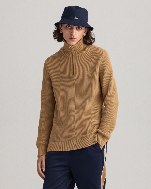 Jumpers Barbati Gant Bumbac Rib Half-Zip Pulovere Bej | IxS1MO2yvyK