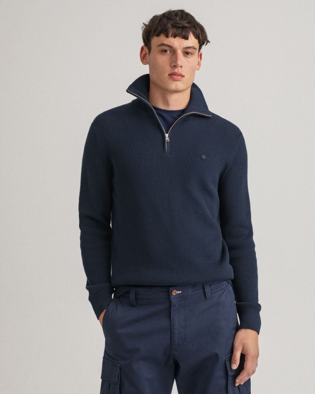 Jumpers Barbati Gant Bumbac Rib Half-Zip Pulovere Albastri | LIxcS4V96Uh