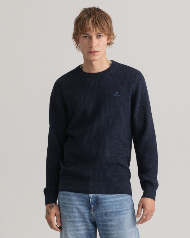 Jumpers Barbati Gant Bumbac Texture Crew Neck Albastri | GV9TwEIhxuo