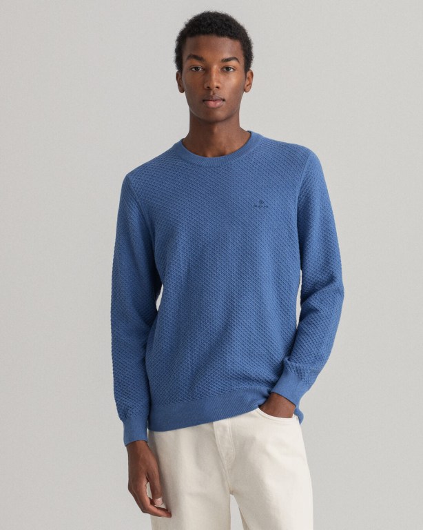 Jumpers Barbati Gant Bumbac Texture Crew Neck Albastri | lbP4Zf2U9hA