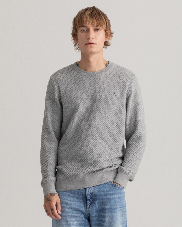Jumpers Barbati Gant Bumbac Texture Crew Neck Gri | rwhLOuVXB27