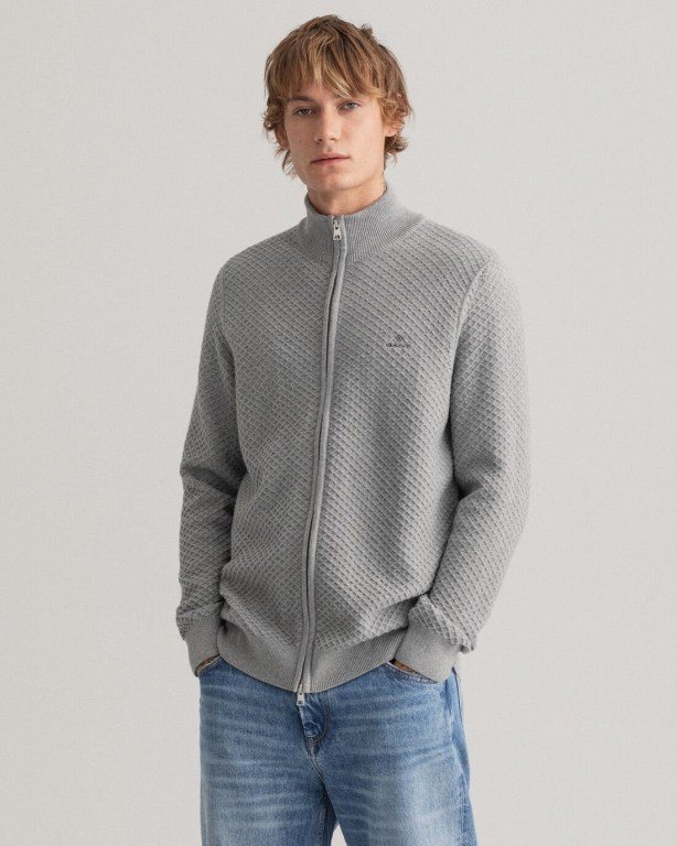 Jumpers Barbati Gant Bumbac Texture Full-Zip Gri | bB6lsVrYXmj