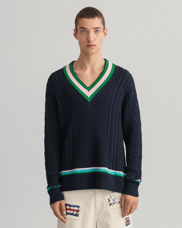 Jumpers Barbati Gant Cable Cricket V-Neck Pulovere Albastri | bGnApttgGF1