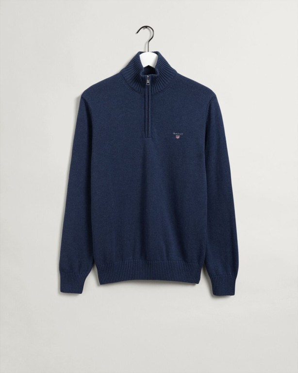 Jumpers Barbati Gant Casual Bumbac Half-Zip Pulovere Albastri Inchis | LyqU6bihLkS