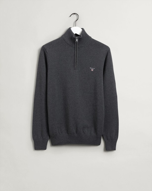 Jumpers Barbati Gant Casual Bumbac Half-Zip Pulovere Gri Inchis | M5gqYciVShy