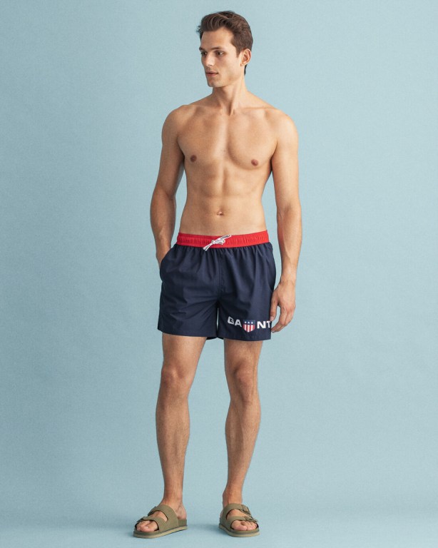 Pantaloni Scurti Barbati Gant Clasici Fit Retro Shield Swim Albastri | VF6pOGkj2aH