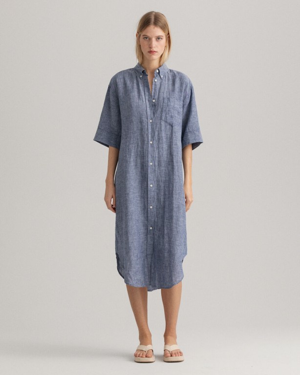 Rochie Dama Gant Linen Chambray Shirt Albastri | 9Tv51mNSaT7