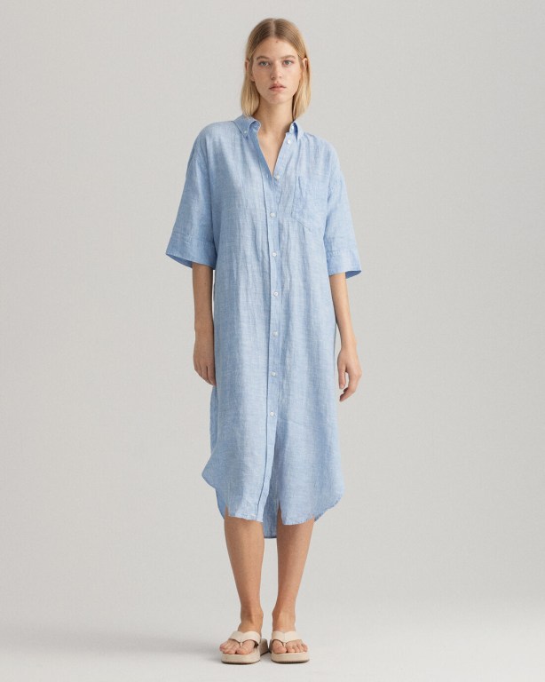 Rochie Dama Gant Linen Chambray Shirt Argintii Albastri | FwVOv8MrTH9