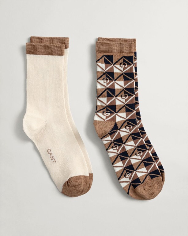 Sosete Dama Gant 2-Pack Icon G Contrast with Gift Box Kaki Inchis | 9ApTtUFjMIk