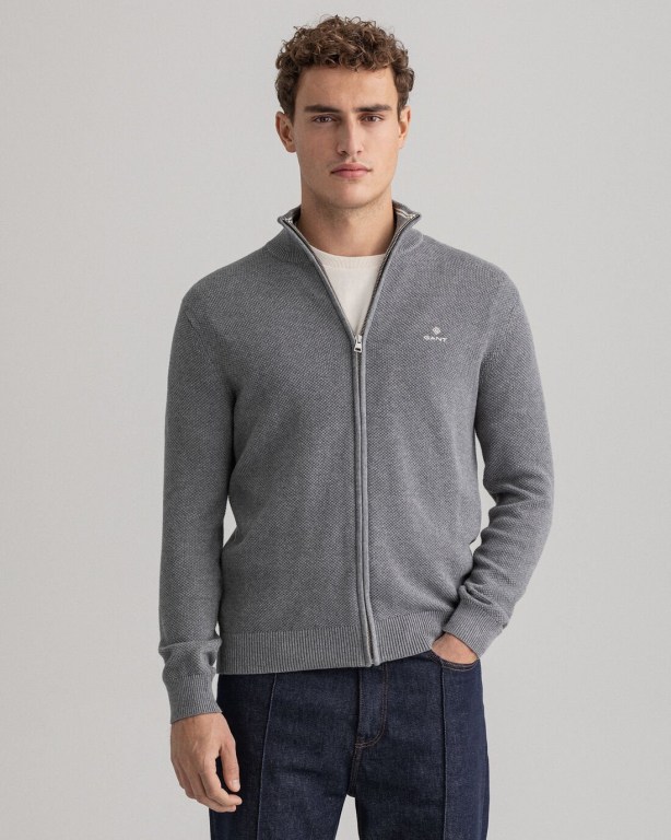 Tricotaje Barbati Gant Bumbac Piqué Zip Cardigan Gri Inchis | Gi49r57aMVq