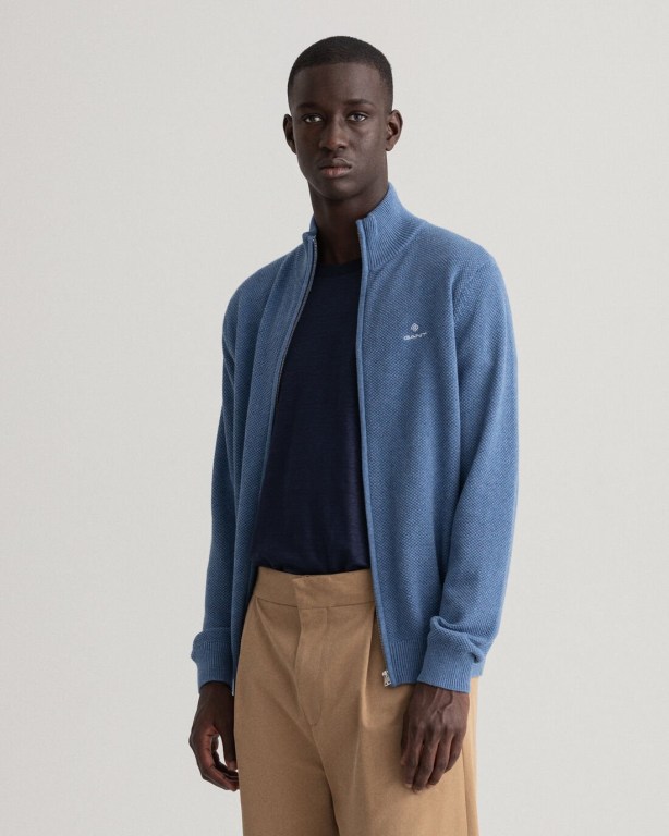 Tricotaje Barbati Gant Bumbac Piqué Zip Cardigan Albastri | UHrJp3j5ckQ