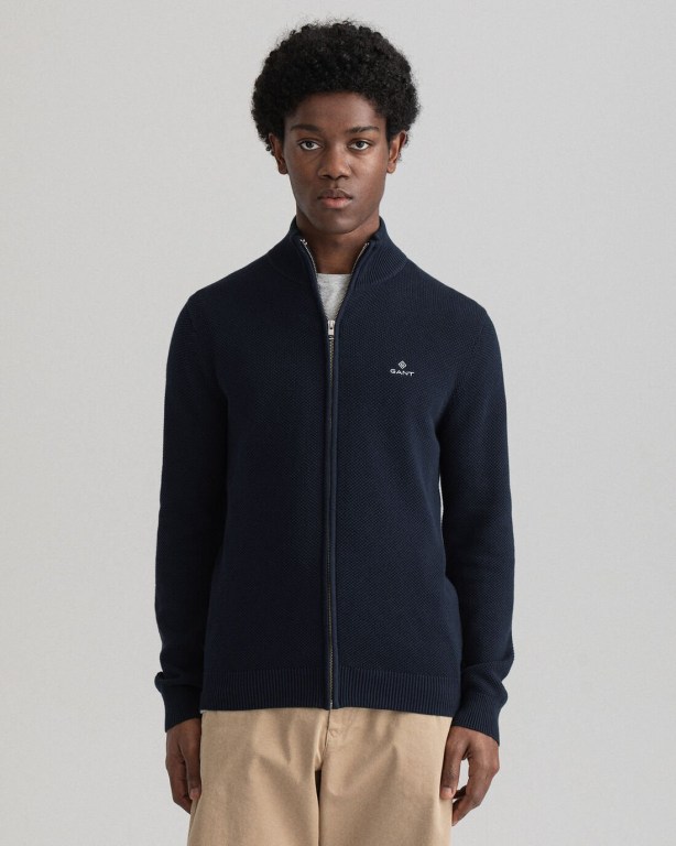 Tricotaje Barbati Gant Bumbac Piqué Zip Cardigan Albastri | c1ILsmytRlj