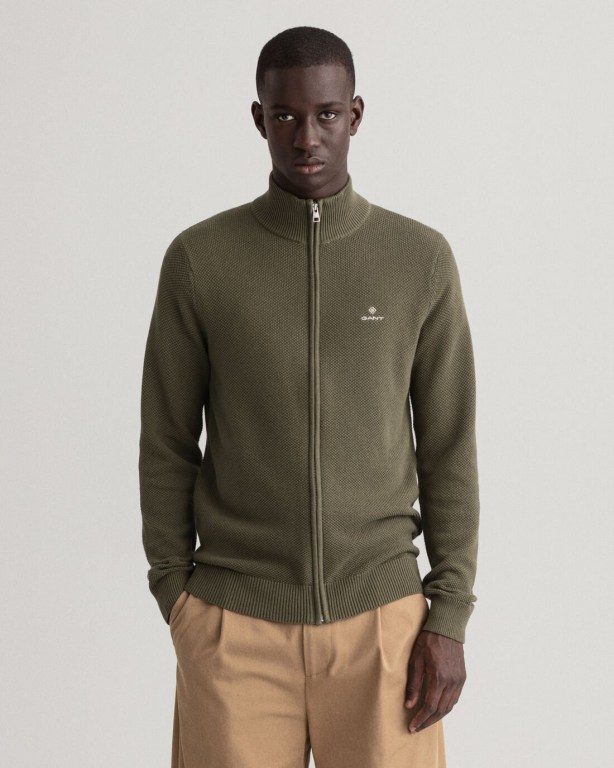 Tricotaje Barbati Gant Bumbac Piqué Zip Cardigan Verzi | k6DFJqyRoPK