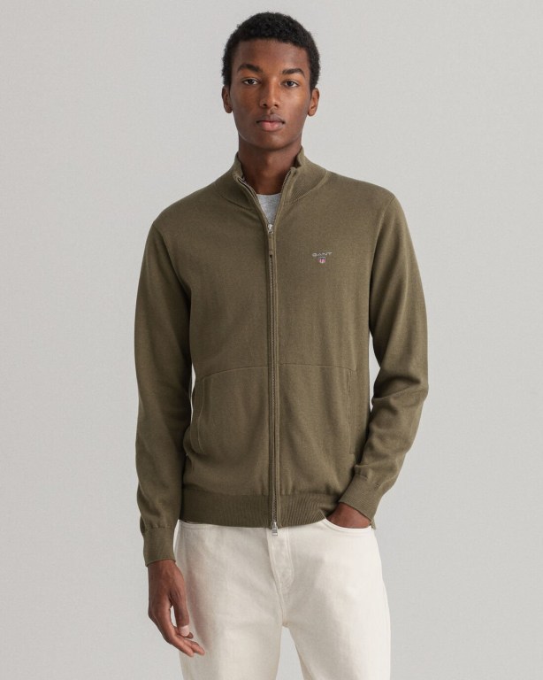 Tricotaje Barbati Gant Clasici Bumbac Zip Cardigan Verzi | YJkdxdY4TQc